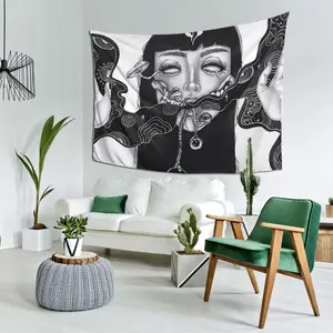 Gothic Black and White Woman Kissing Snake Linen Tapestry - Intricate Snake, Female Face, Large Eyes, Dark Hair Design, Minimalist Boho Chic Room Decor, Wedding Photo Backdrop, Halloween Supply
