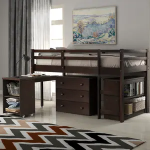 Twin Size Low Loft Bed with Rolling Portable Desk and Storage Cabinet, Wooden Low Study Loft Bed with Drawers, for Kids Teens Girls Boys