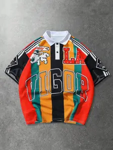 Men's Casual American Striped College Style British Print Short Sleeve Polo Shirt, Daily Wear, Fashionable and Comfortable