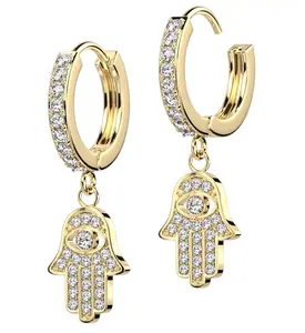Gold PVD Hamsa Hand CZ Stainless Steel Hoop Earrings