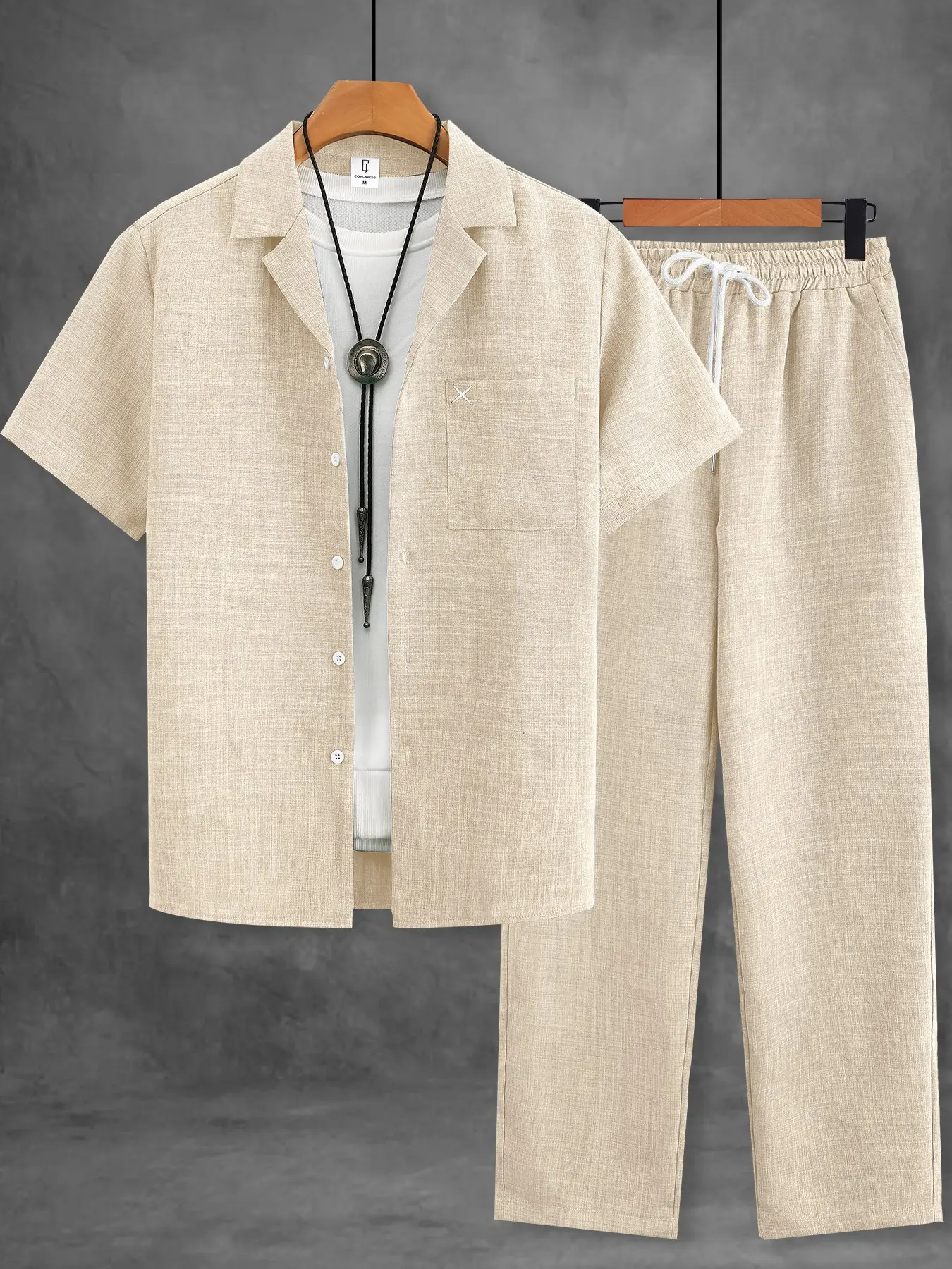Men's Beige Plain Linen-Blend 2-Piece Casual Resort Wear Set - Short Sleeve Camp Collar Shirt & Drawstring Pants, Lightweight Quick-Dry Fabric, Relaxed Fit for Hiking, Beach Trips & Summer Outdoor Adventures