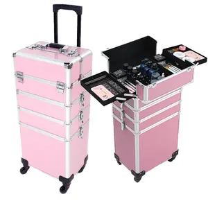 4 In 1 Aluminum Makeup Case Pink, Professional Cosmetic Storage Box for Makeup Tools Brushes and Accessories, Portable Beauty Organizer for Travel and Home Use