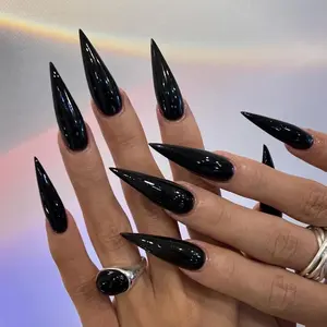 Press on Nails - Long Stiletto Glue on Nails with Goth Black, Acrylic Gothic Design 24 pcs