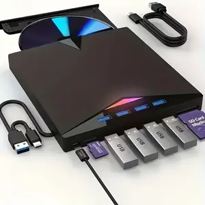 7-in-1 USB-C External DVD Drive with 4 USB Ports & Dual TF/SD Card Reader - High-Speed CD/DVD Burner for Laptops, MacBooks & PCs, Compatible with Windows 11/10/8/7 & Linux for Office, Home & Travel Use