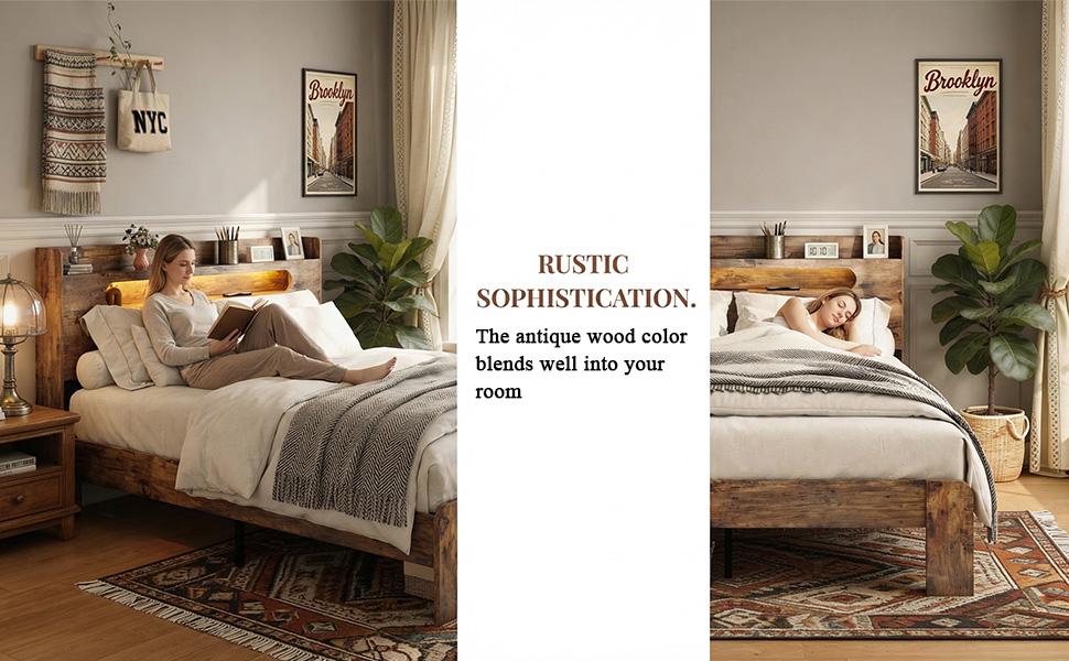 ARCH Bed Frame Farmhouse Queen Size with Storage Headboard & USB Charging Station LED Lights Wood Platform No Box Spring Needed Rustic Brown Bedroom Furniture ARCH Bed Frame Farmhouse Queen Size with Storage Headboard & USB Charging Station LED Lights Wood Platform No Box Spring Needed Rustic Brown Bedroom Furniture
