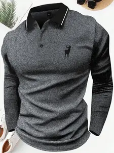 Men's POLO shirt spring and autumn lapel long-sleeved T-shirt retro versatile elk silhouette print daily outdoor leisure light business men's sports running top
