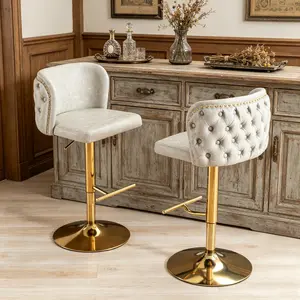 Adjustable Height Swivel Bar Stools Set of 2, Tufted PU Upholstered Bar Chairs with Gold Nailheads, for Kitchen Island Home Pub