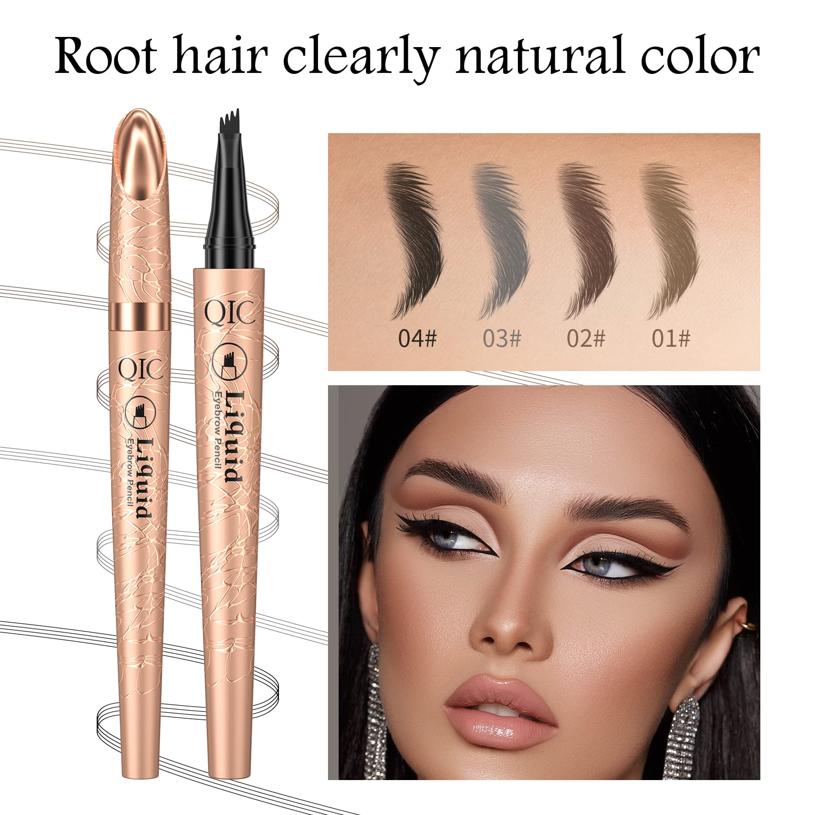 QIC 4-Tip Microblading Eyebrow Pencil, Waterproof Long-Lasting 3D Brow Pen, Natural Looking Brow Makeup Tool for Women Daily Use & Gift