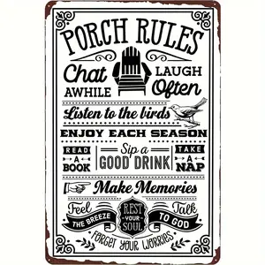 Porch Rules Vintage Metal Sign - Funny Rustic Wall Decor For Outdoor Yard - 12X8 Inch - For Homeowners & Garden Lovers - Perfect Gift For Housewarming