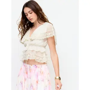 Cider Chiffon V-neck Ruffled Lace Trim Tie Front Blouse SwimWeek