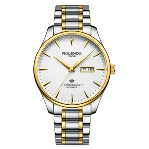 Men's Silver Gold Two Tone Automatic Watch, Clean White Dial Single Diamond At 12 O'clock Luminous Gold Stick Markers Day Date Window Multi-Link Two-Tone Stainless Steel Bracelet Slim Business Dress Wrist Watch
