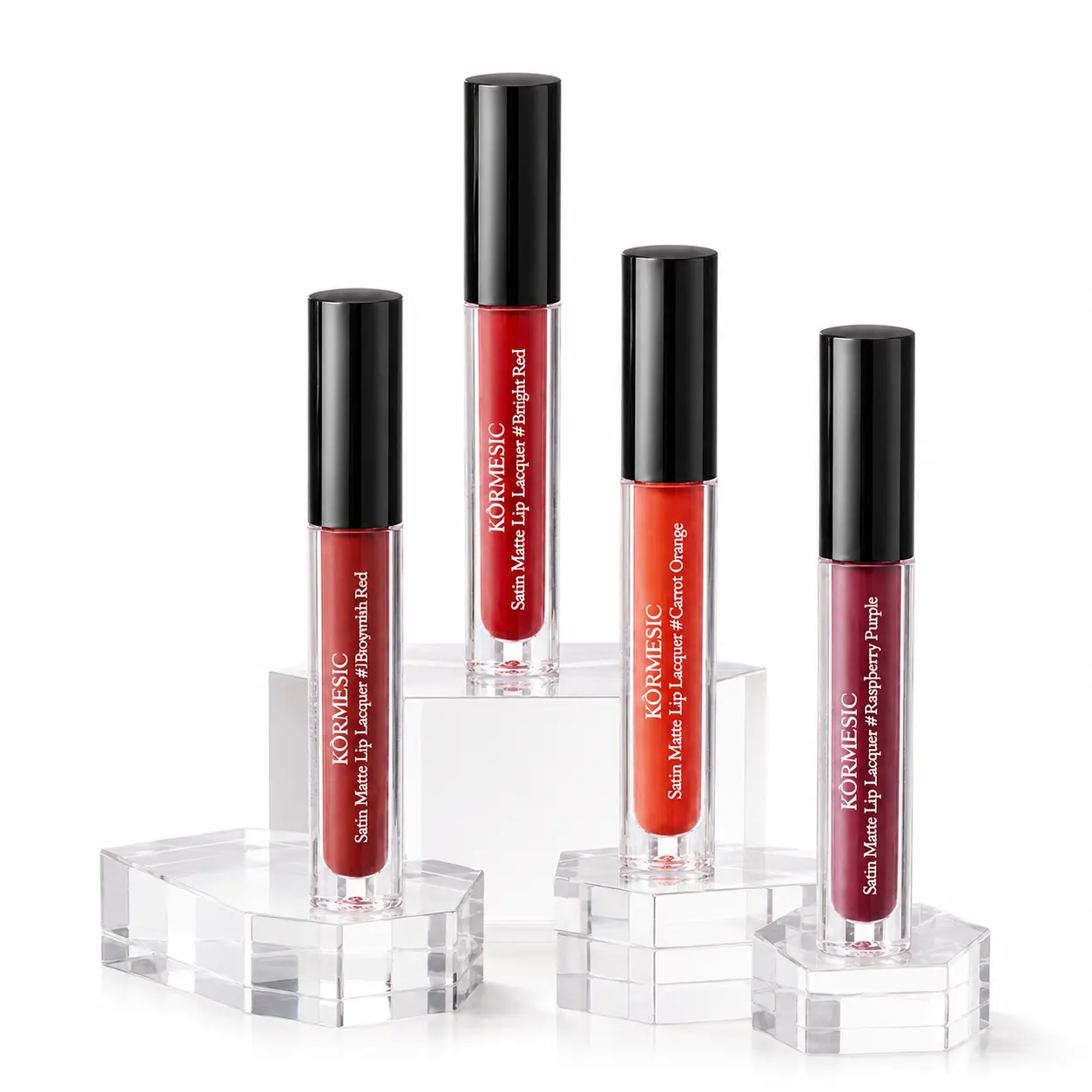 Satin Matte Liquid Lipstick Set, 4 Vibrant Shades, Smooth Lightweight Lip Lacquer for Daily Makeup, Bright Red, Brownish Red, Carrot Orange & Raspberry Purple, Velvety Lip Color with Easy Application for Women, 2.2g Each, Soft Matte Finish