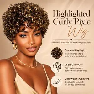 100% Human Hair Short Curly Pixie Wig for Black Women, Brown Caramel Highlight Defined Curl Wig with Soft Curly Bangs, Glueless Natural Looking Everyday Wig