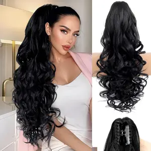 PonyTails for Women 22 Inch Claw Clip Ponytail Extension Wavy,Long Curly Wavy Natural fake black ponytail Loose Fake Ponytails Extensions for Wedding Party Daily Use Darkest Brown