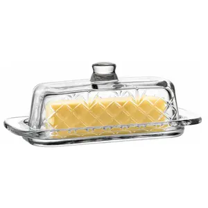 Royalty Art Glass Butter Dish with Lid, Single Stick Container with Handle Cover, Rustic Farmhouse or Vintage Boho Kitchen Accessory, Clear