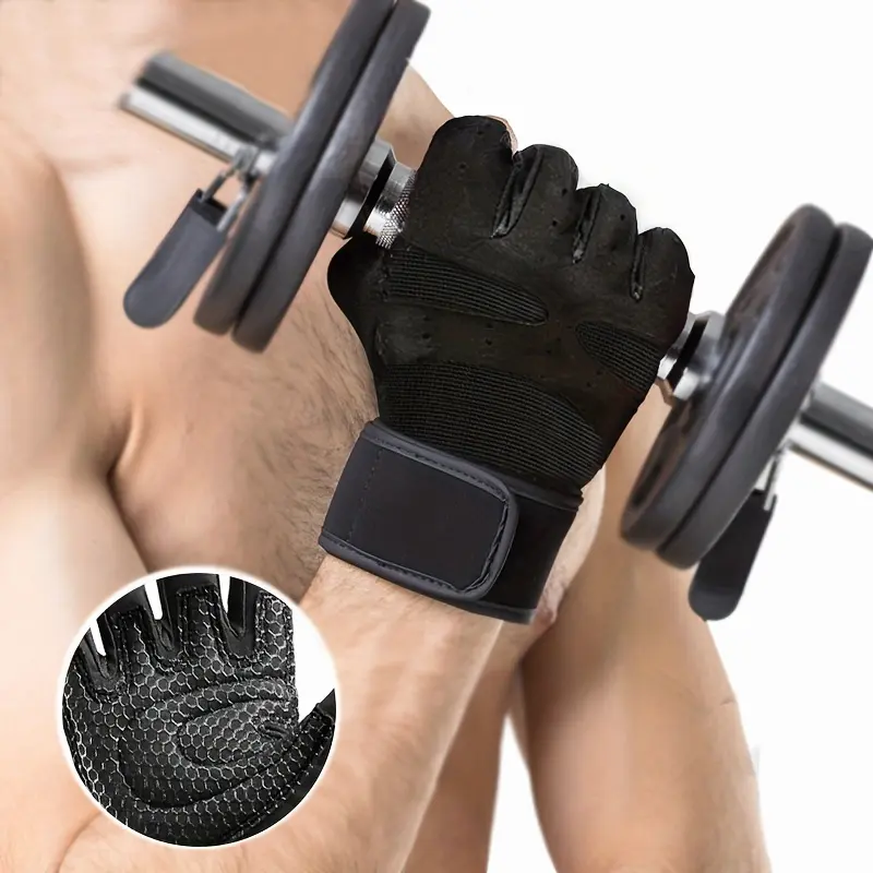 LHU Unisex Sports Gloves for Cycling, Fitness & Outdoor Activities - Breathable Half-Finger Design with Hook-and-Loop Closure, Durable Knit Fabric, Blac