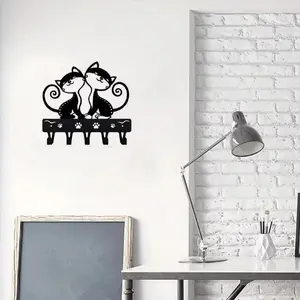 Cat Pattern Key Holder, Wall Mounted Metal Art with Hooks for Keys, Decorative Cat-themed Wall Art for Home, Office, Entryway, Shelves