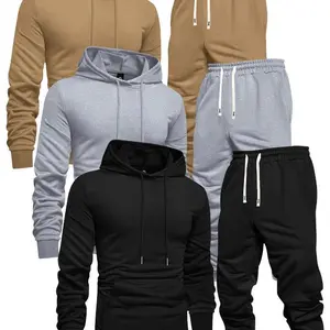 high quality 3-Pack Men'S Casual Sports Hoodie and Sweatpants Set, Solid Color, Long Sleeve Pullover Pocket, Knit Polyester, Slight Stretch, Regular Fit, Elastic Waist with Drawstring, Ribbed Cuff Pants - Spring/Fall Athletic Outfit Clothing Tops