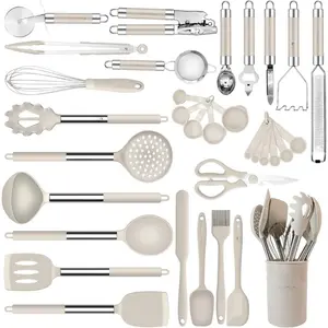 33pcs Kitchen Utensils Set-Silicone Cooking Utensils- Non-Stick Silicone Cooking Kitchen Utensils Spatula Set with Holder-Best Kitchen Cookware with Stainless Steel Handle (Khaki)