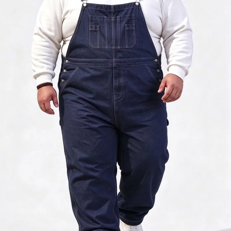 Men's Baggy Bib Overalls - Dark Wash Plain Denim Coverall, Adjustable Straps, Multi-Pocket Cotton Fabric, All-Seasons Work Wear, Below-the-Ankle Fit, Cold Wash Safe, Non-Bleachable, Baggy Overalls