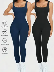 Womens Workout Rompers Jumpsuits Sporty Comfy Jumpsuit Seamless Ribbed Yoga Gym One Piece Sleeveless Square Neck Tank Top Leggings Unitard Stretchable Activewear