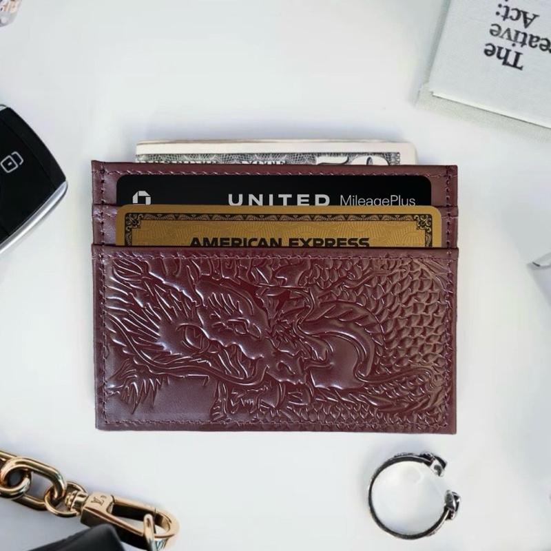 Ryuu Maroon Genuine Leather Card Holder with Embossed Japanese Dragon Design 4 Card Slots 1 Cash Slot Trifold Wallet Solid Color RFID Anti-Theft