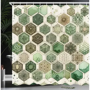 Sage Green Shower Curtain Hexagon Honeycomb Pattern with Abstract Trippy Ornaments  Bathroom Decor Set with Hooks Eggshell Caramel Teal