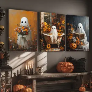 3 Counts Wooden Framed Canvas, Exquisite Flower Sea White Ghost, Halloween Home Poster, Halloween Party Decorations, Living Room And Bedroom Hanging Paintings, Horror Theme, Interesting Posters, Exquisite Gifts, High-Definition Art