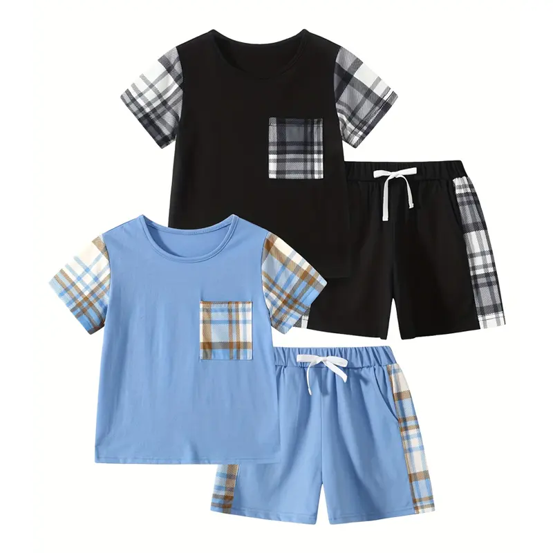 #SummerVibes 4-piece boy summer solid color striped short sleeve shorts suit 8-10 years old children's casual fashion daily soft boys' children's clothing Youth Kits
