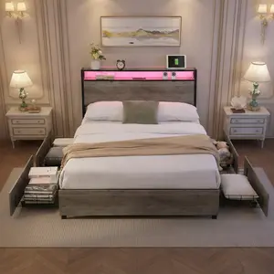 Queen Bed Frame with 10" Mattress, Storage Drawers, LED Lights & Charging Station, Modern Platform Bed – Cama Queen con colchón 10", luces LED y almacenamiento