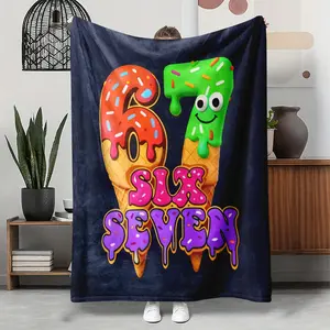 Cozy Flannel Throw Blanket, Playful 67 Ice Cream Cone Character Print Warm Soft Blanket, Lightweight Durable Skin-Friendly Nap Blanket, Ideal for Sofa Bed Living Room, Novelty Birthday Gift & Kids Bedroom Decor Accents