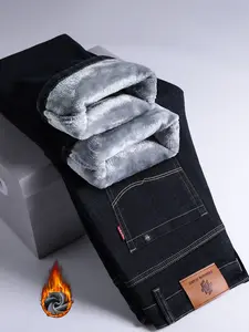 Men's Thickened Winter Fleece Jeans, Classic Loose Straight Leg High Waist Casual Elastic Pants, Warm Long Denim Trousers for Fall & Winter, Fashion Jean Bottoms