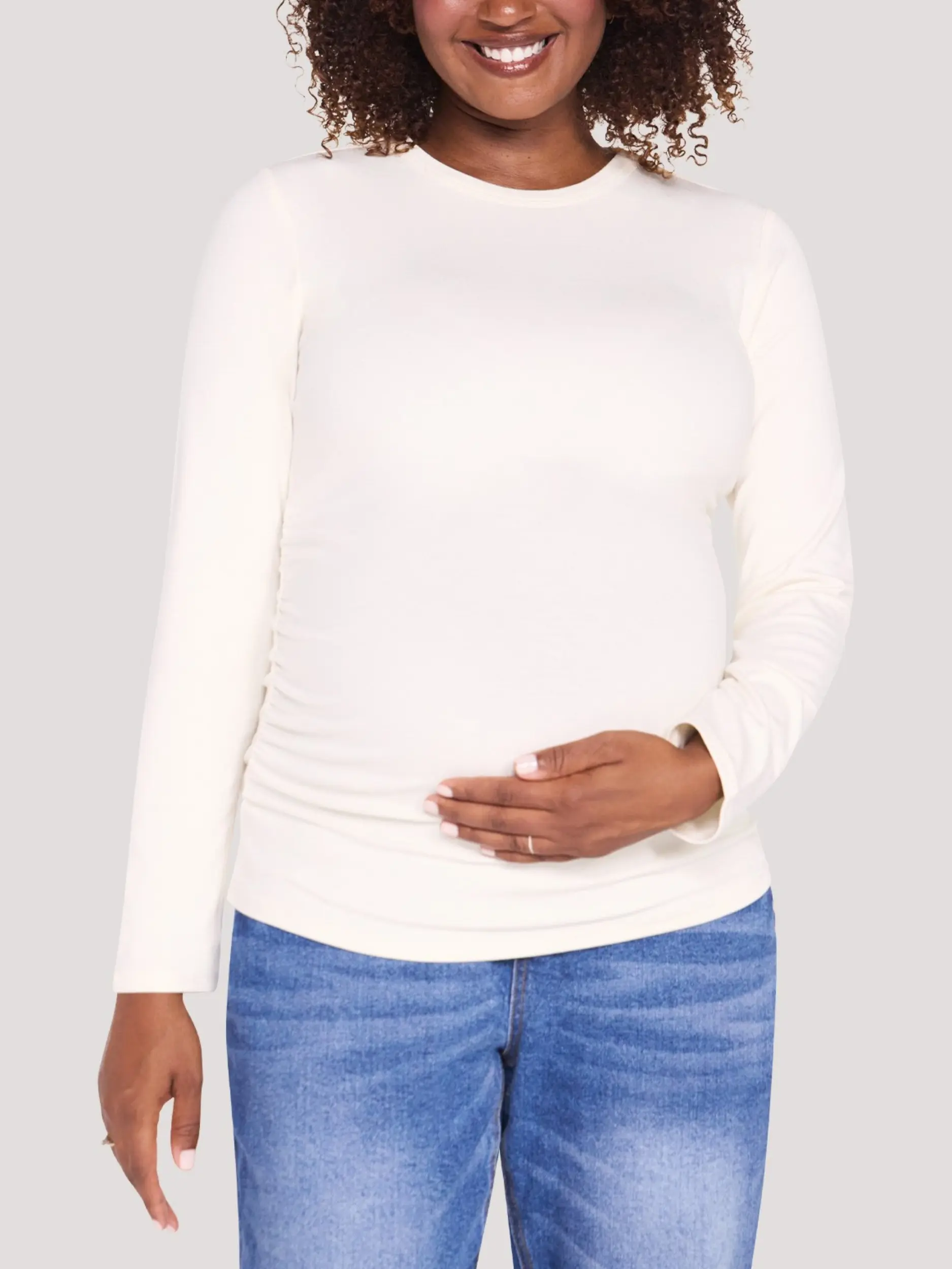 Motherhood Maternity Women's Crew Neck Long Sleeve Side Ruched Ribbed Maternity Top - Pregnancy & Postpartum Top