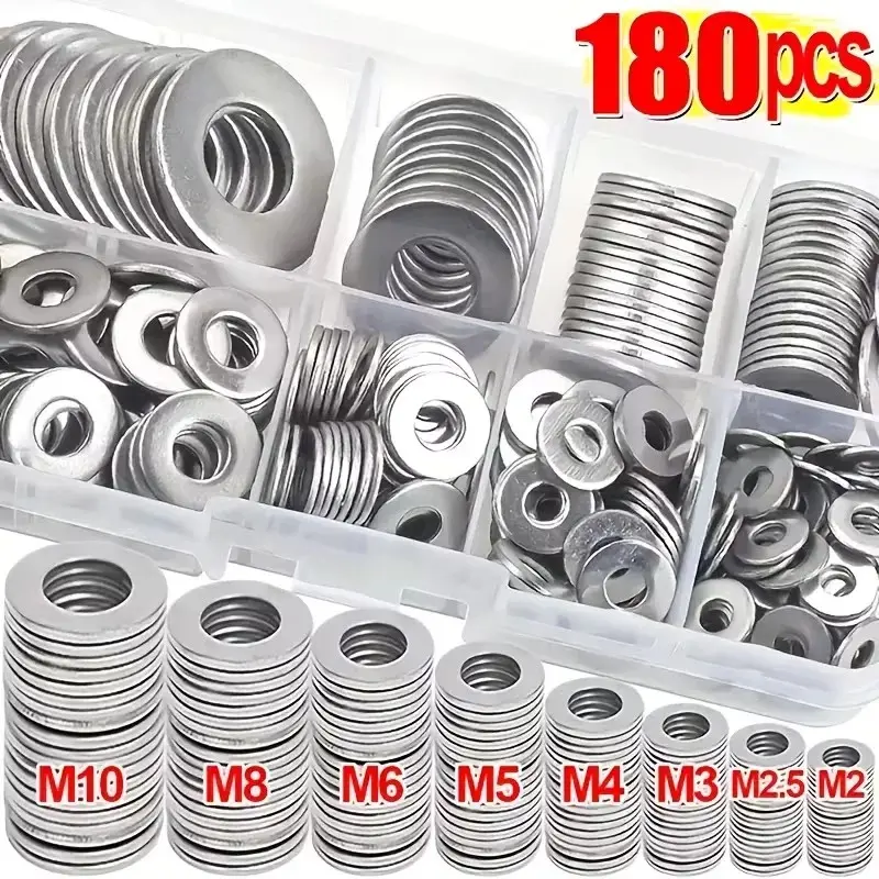 Stainless Steel Flat Washers Kit 180 Pcs with Sizes M2 M2.5 M3 M4 M5 M6 M8 M10, Metal Washers Set, Corrosion Resistant Flat Spacers for Home Decoration, Furniture Assembly, Industrial Maintenance, Machinery Repair, Construction Projects