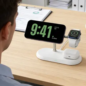 15w Magnetic Wireless Charger Stand with LED Night Light, 3-In-1 Fast Charging for iPhone 15/16/17 Pro Max, Qi Certified, Smart Watch Charger