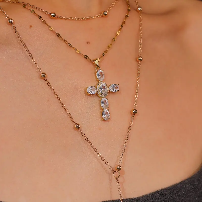 Women's 14K Gold-Plated 3D Full-Diamond Cross Pendant Necklace - Cubic Zirconia, Non-Tarnish, Hypoallergenic Christian Costume Jewelry for Casual, Daily, Evening Wear