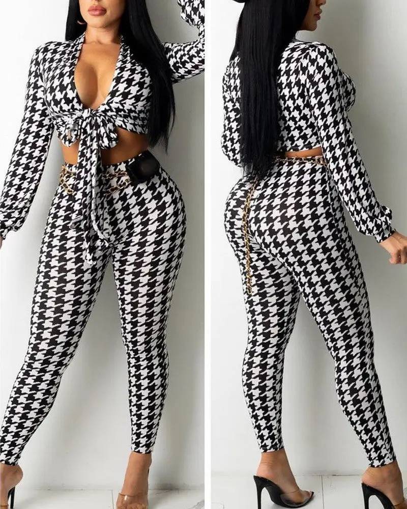 Houndstooth Print Long Sleeve Knot Front Crop Top Pants Set