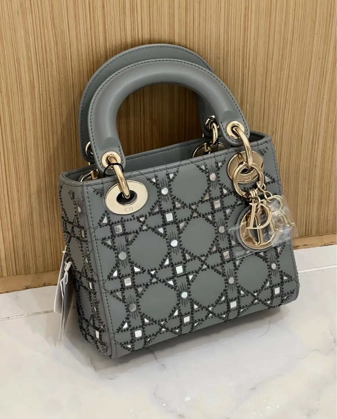 Pre-owned Dior Lady Mini Top Handle Handbag, 3 Grid Beaded Embroidered Sequins, Gold Hardware, Excellent Condition (6792229), Clasp