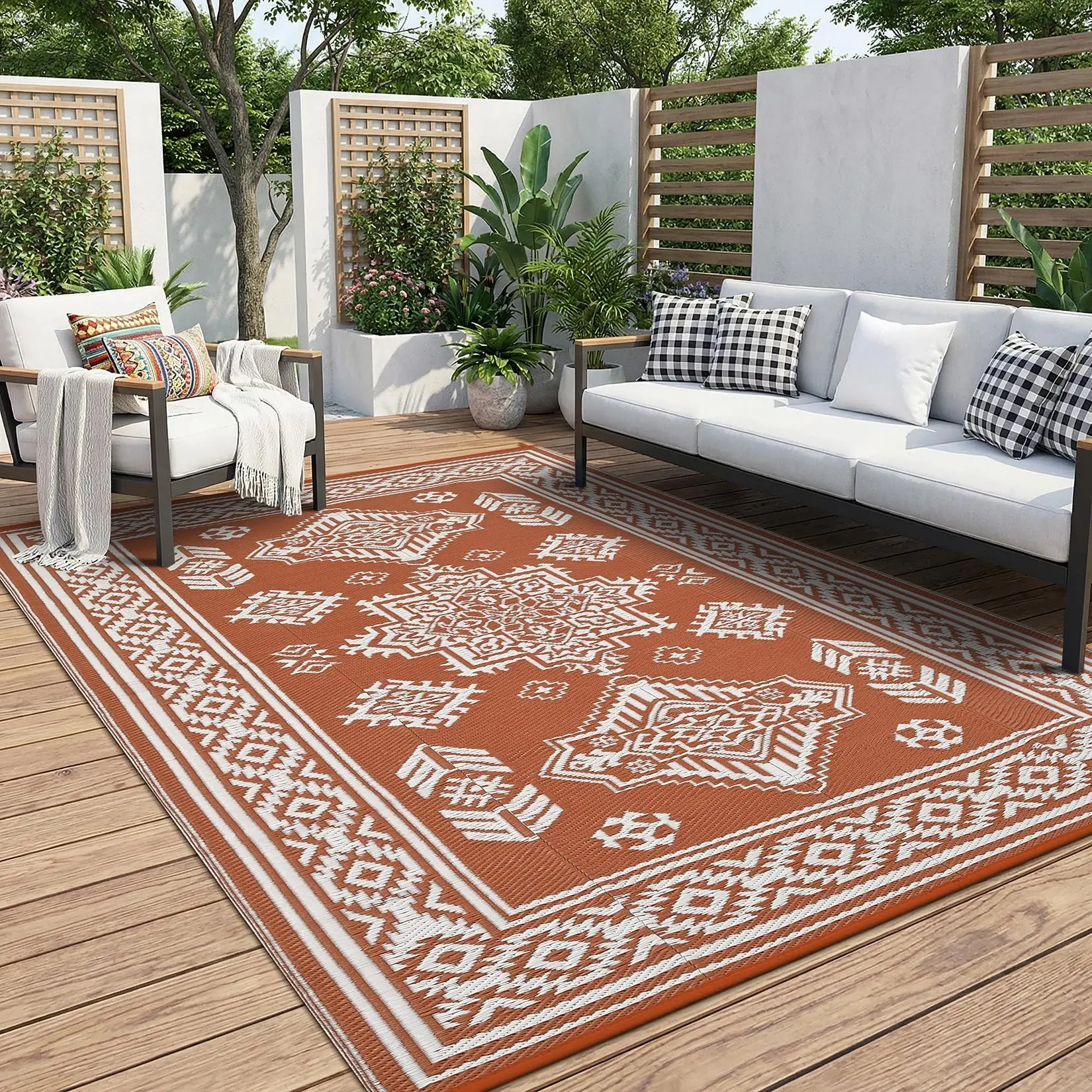 Gaomon 8x10 Outdoor Polypropylene Rug - Waterproof Vintage Ethnic Medallion Reversible Tube Mat, Fade-Resistant Lightweight Foldable Plastic Straw Carpet for Patio, Front Door, RV