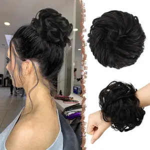 Messy Bun Hair Piece - Large Elastic Wavy Curly Hair Bun Scrunchies Ponytail Extensions Synthetic Chignon Hairpieces for Women, Black Brown 1.94oz
