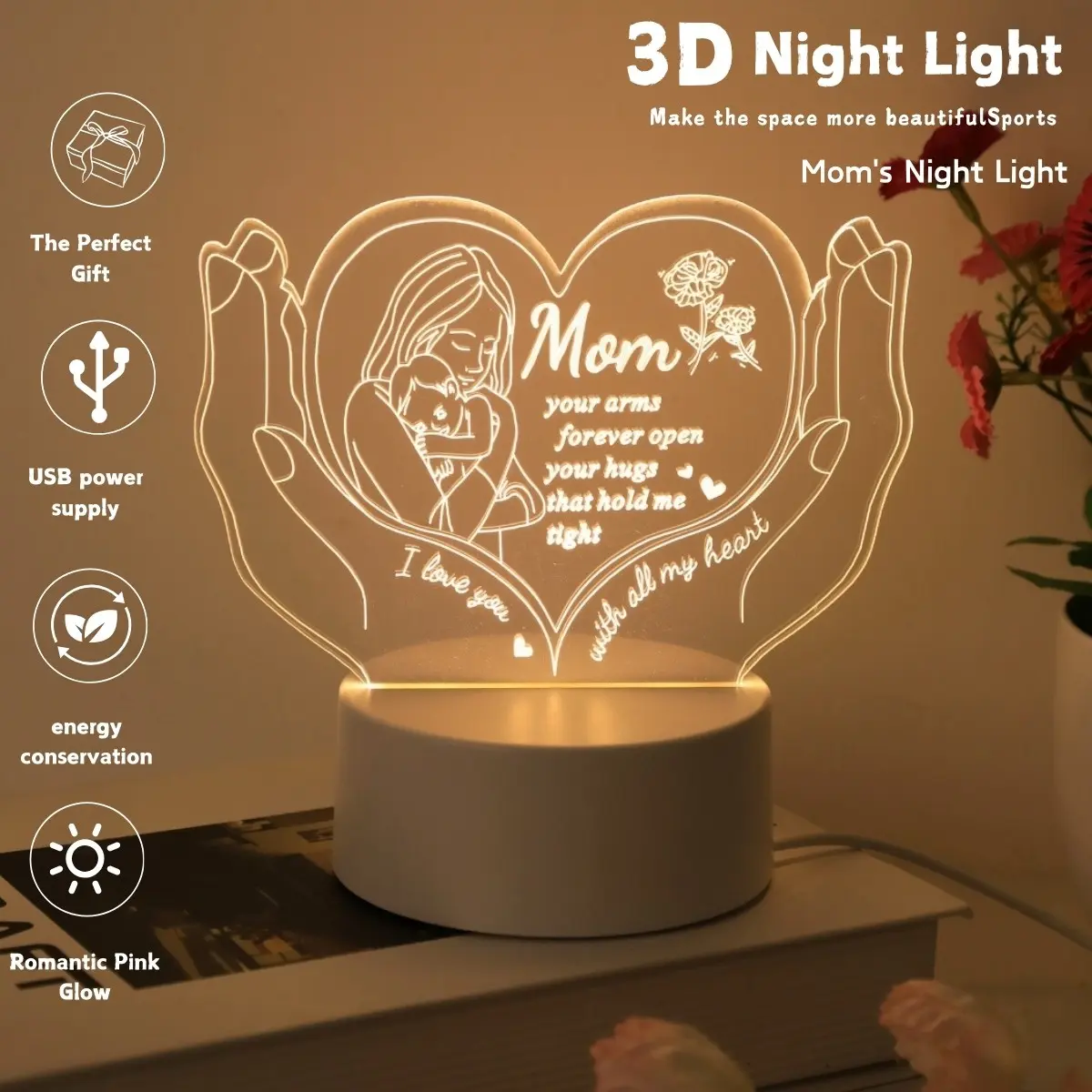 USB Powered Warm Light Night Lamp for Mom, Ideal Gift for Home & Bedroom Decor, Perfect for Mother's Day, Christmas, Valentine's Day, Decorative Led Light, Led Nightlight