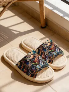 Black Base Colorful Chinese Cloud Pattern Print Linen Slippers Chinese Trend Art Style Cloud-Feel Linen Breathable Non-Slip Must-Have For Chinese Trend Lovers Home & Outdoor