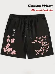 Men's Japanese Cherry Blossom Shorts - Sakura Branch &  Print Black Casual Shorts, Drawstring Waist Loose Fit, Breathable Summer Japanese Streetwear
