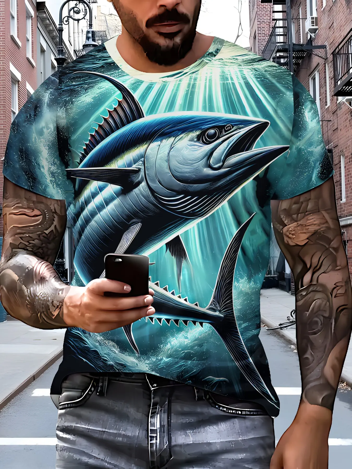 Men's 3D printed fish pattern Fitted Crewneck T-shirt, comfortable, breathable, and versatile short-sleeved shirt. Vibrant underwater design, suitable for outdoor activities, beach wear, and summer casual wear.