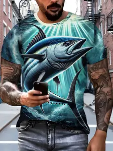 Men's 3D printed fish pattern Fitted Crewneck T-shirt, comfortable, breathable, and versatile short-sleeved shirt. Vibrant underwater design, suitable for outdoor activities, beach wear, and summer casual wear.