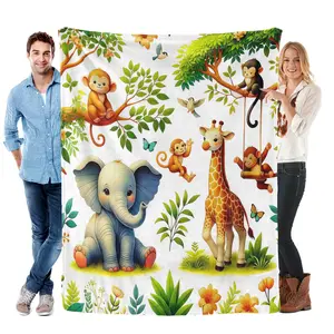 Jungle Safari Baby Animals Flannel Blanket - Premium Flannel Material Soft Cozy Cute Print for Children Nursery Room Sofa Bedroom Living Room Office Travel Camping Mother's Day Valentine's Day Birthday Christmas Gift