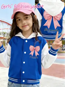 Girls' Sweet Bow Baseball Jacket, Large Bow Print, Colorblock Shoulder Pads, Anti-Wrinkle Fabric, Cute Style, Spring & Fall Essential