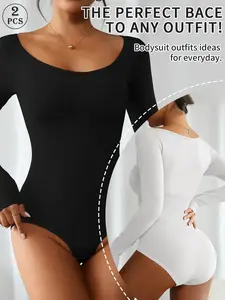 2 piece solid color round neck high-stretch shapewear bodysuit for women, autumn and winter long-sleeve, with crotch snaps, suitable for daily leisure, yoga, and workouts, tummy control, hip-lifting, body shaping, Womenswear
