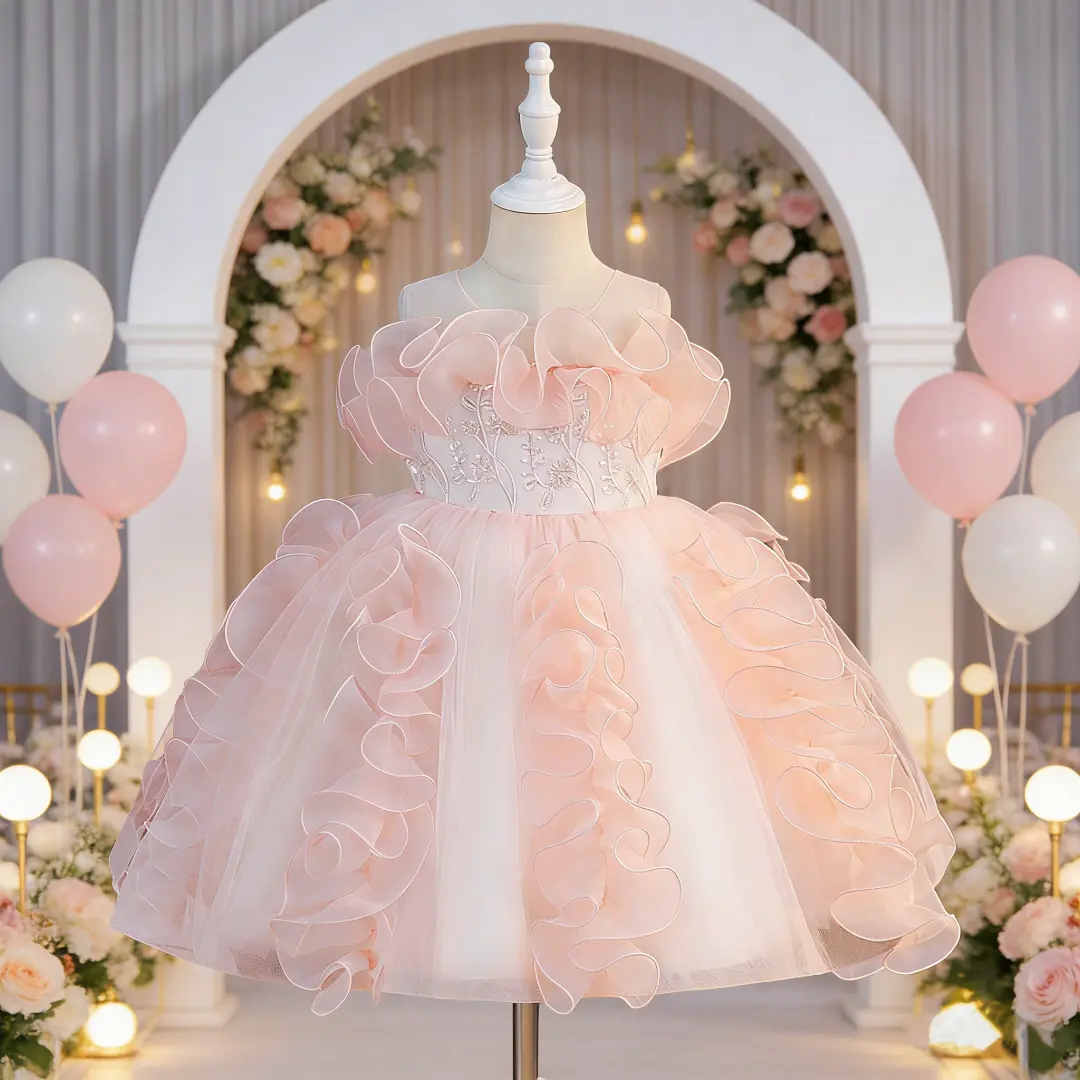 6118 Girls' Puffy Princess Cosplay Formal Dress - Pleated, Embroidered Sequins, Floral & Plain, Midi Length, Fashion Look for Wedding, Piano Performance, Princess Cosplay Formal Dresses, Pleated Fabric