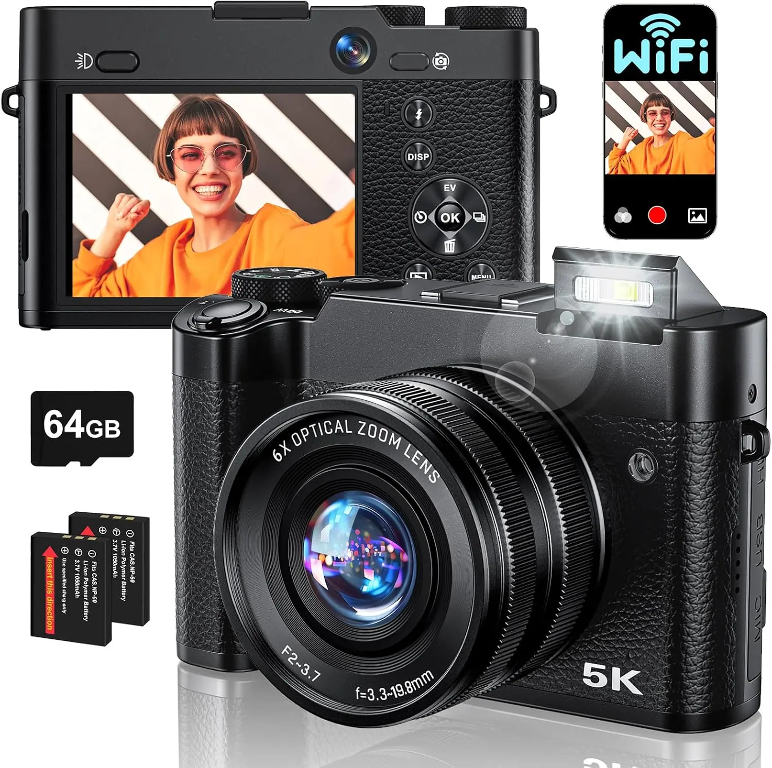 Digital Camera, 6X Optical Zoom & WiFi, 5K 30FPS 64MP Vlogging Camera, Rear and Front Cameras for Photography and Video, Autofocus & Anti-Shake, Travel Selfie for YouTube with Flash Dial 64GB Card Button Charging Compact Lens Portable Rechargeable outdoor